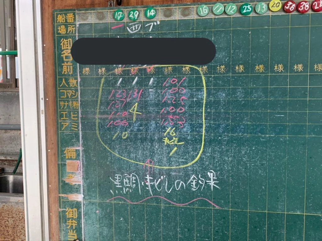 一日の終わりに黒板に釣果が記載されます