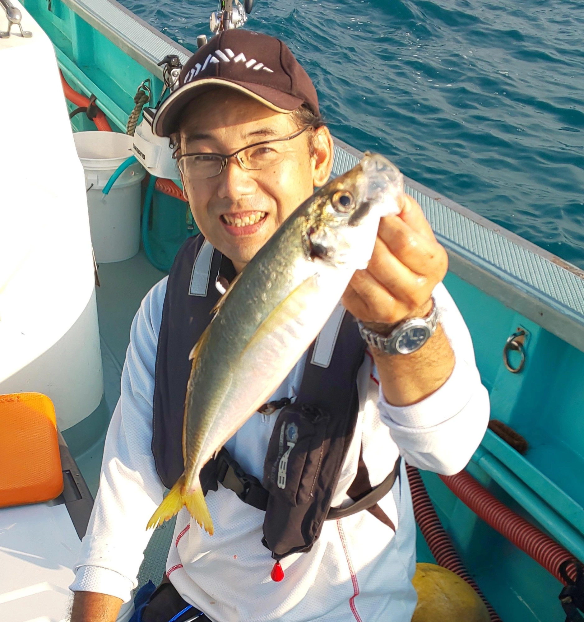 落とし込みで小魚を狙ったのですが不発、良型アジが釣れてきました。